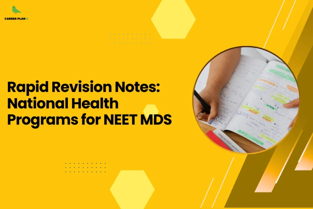 This image is an educational blog thumbnail with a yellow background and geometric hexagon design elements. The Career Plan logo appears in the top-left corner. The headline reads “Rapid Revision Notes: National Health Programs for NEET MDS.” On the right side, a circular graphic shows a person writing and reviewing notes in a notebook with highlighted text, symbolizing quick study, revision strategies, and exam preparation for topics related to national health programs in the NEET MDS syllabus.