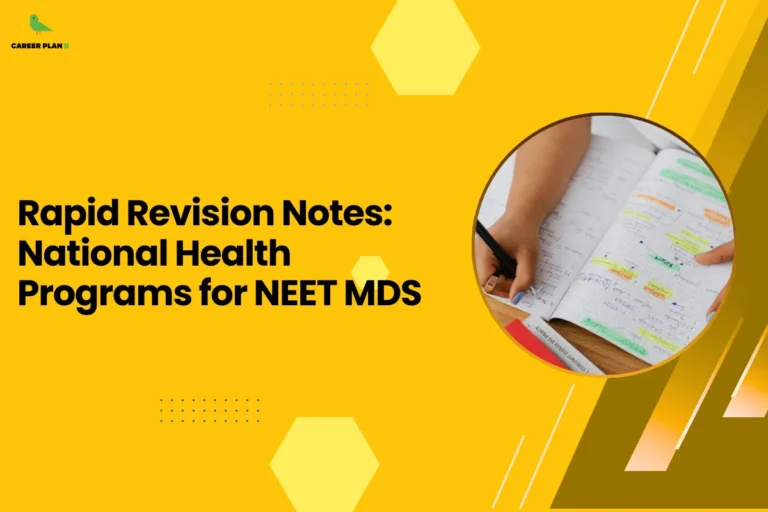 This image is an educational blog thumbnail with a yellow background and geometric hexagon design elements. The Career Plan logo appears in the top-left corner. The headline reads “Rapid Revision Notes: National Health Programs for NEET MDS.” On the right side, a circular graphic shows a person writing and reviewing notes in a notebook with highlighted text, symbolizing quick study, revision strategies, and exam preparation for topics related to national health programs in the NEET MDS syllabus.