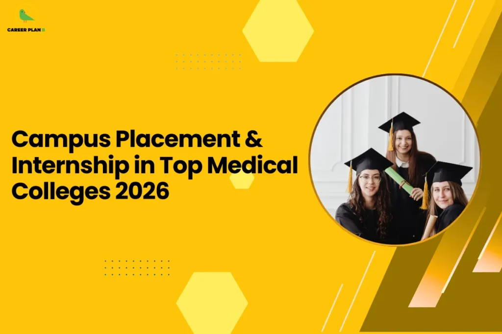 This image is an educational blog thumbnail with a yellow background and geometric hexagon design elements. The Career Plan logo appears in the top-left corner. The headline reads “Campus Placement & Internship in Top Medical Colleges 2026.” On the right side, a circular graphic shows three graduates wearing graduation caps and gowns, holding diplomas, symbolizing career opportunities, internships, and placement prospects after graduating from top medical colleges.