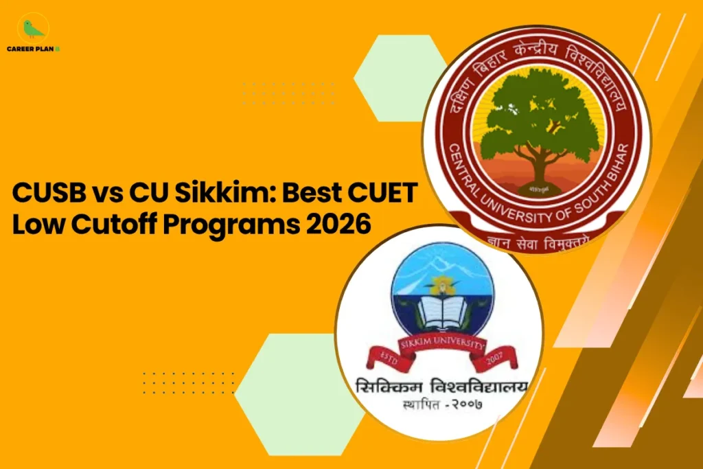 This image contains an orange background with geometric shapes and subtle dotted design elements. In the top left corner, there is the “CAREER PLAN B” logo featuring a green bird inside a yellow circle with black text and a green “B.” Across the left side, bold black text reads “CUSB vs CU Sikkim: Best CUET Low Cutoff Programs 2026.” On the right side, there are two university logos: one for Central University of South Bihar featuring a tree emblem within a circular seal, and one for Sikkim University with a book and mountain-themed emblem, representing a comparison of universities with lower CUET cutoffs.