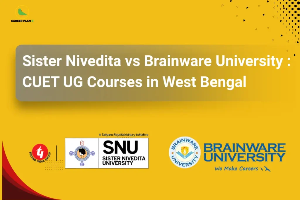 this image contains a yellow educational banner with the Career Plan B logo at the top left and the text “Sister Nivedita vs Brainware University: CUET UG Courses in West Bengal” in a translucent box, along with logos of “Techno India Group,” “SNU Sister Nivedita University A Satyanarayan Rathi Initiative,” and “Brainware University We Make Careers,” representing CUET undergraduate course comparison in West Bengal.