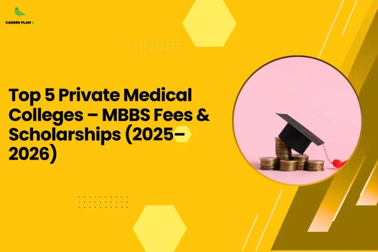 this image contains a yellow educational graphic with the Career Plan B logo at the top left and the text “Top 5 Private Medical Colleges – MBBS Fees & Scholarships (2025–2026),” alongside a circular photo of stacked coins with a black graduation cap on top, symbolizing medical education costs, scholarships, and MBBS admissions.