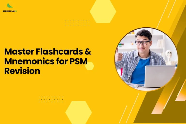 This image contains a bright yellow background with light yellow hexagon shapes and small dotted design elements, the Career Plan B logo with a green bird icon and the text “CAREER PLAN B” in the top left corner, a large bold black headline on the left side reading “Master Flashcards & Mnemonics for PSM Revision”, and on the right side a circular image with a yellow border showing a young man wearing glasses and a checkered shirt sitting at a desk with a laptop and giving a thumbs-up gesture, with shelves and study items visible in the background, along with angled yellow and brown graphic shapes and thin white diagonal lines on the right side of the background.