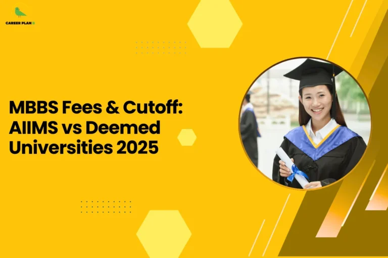 This image contains a bright yellow background with light yellow hexagon shapes and small dotted design elements, the Career Plan B logo with a green bird icon and the text “CAREER PLAN B” in the top left corner, a large bold black headline on the left side reading “MBBS Fees & Cutoff: AIIMS vs Deemed Universities 2025”, and on the right side a circular image with a yellow border showing a smiling female graduate wearing a black graduation cap and gown with a blue stole and holding a rolled diploma tied with a blue ribbon, along with angled yellow and brown graphic shapes and thin white diagonal lines on the right side of the background.
