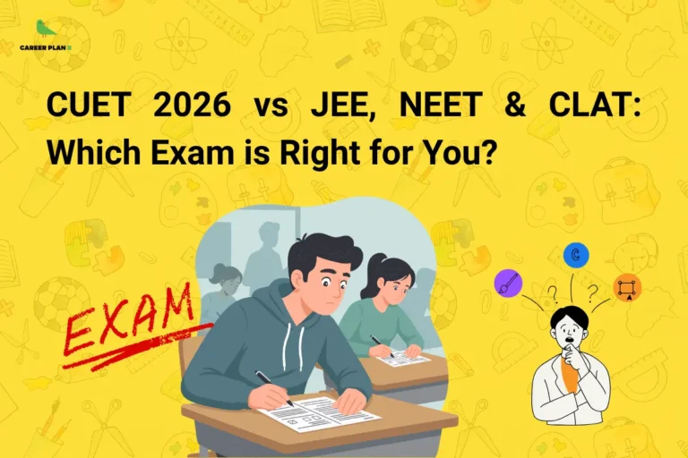 this image contains a yellow educational banner with the Career Plan B logo at the top left and the text “CUET 2026 vs JEE, NEET & CLAT: Which Exam is Right for You?” alongside illustrations of students writing an exam paper with “EXAM” highlighted in red and a confused student with subject icons, representing exam comparison, career decision-making, and entrance exam preparation.