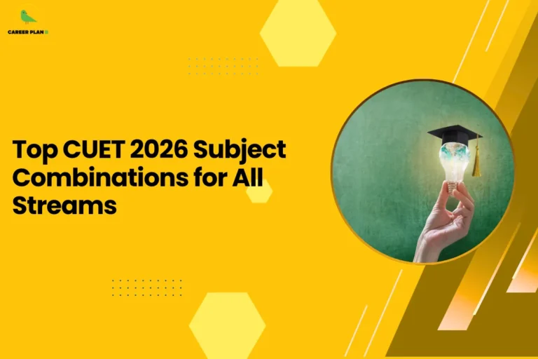 This image contains a bright yellow graphic background with various geometric design elements and a headline related to CUET preparation. In the top left corner there is a small logo consisting of a stylized green bird icon facing right with a circular yellow background, and next to it the text “CAREER PLAN B” where “CAREER PLAN” appears in black and the letter “B” is highlighted in green. The center-left portion of the image displays the bold black headline text “Top CUET 2026 Subject Combinations for All Streams” arranged across multiple lines. Scattered across the yellow background are decorative elements including light yellow hexagon shapes positioned near the top center and bottom center, small blue dotted grid patterns located around the middle-left and lower-left areas, and thin white diagonal lines along the right side. On the right half of the image there is a large circular frame with a thin yellow border containing a photograph of a hand holding a light bulb; the hand appears from the bottom of the circle and holds the bulb upright, and the bulb is topped with a black graduation cap with a gold tassel hanging on the right side, symbolizing education and ideas. The background inside the circle is textured green. Along the far right edge of the image there are layered diagonal shapes in darker yellow and brown tones forming a dynamic angled pattern that overlaps the background and frames the circular photo, adding depth and visual contrast to the overall design.
