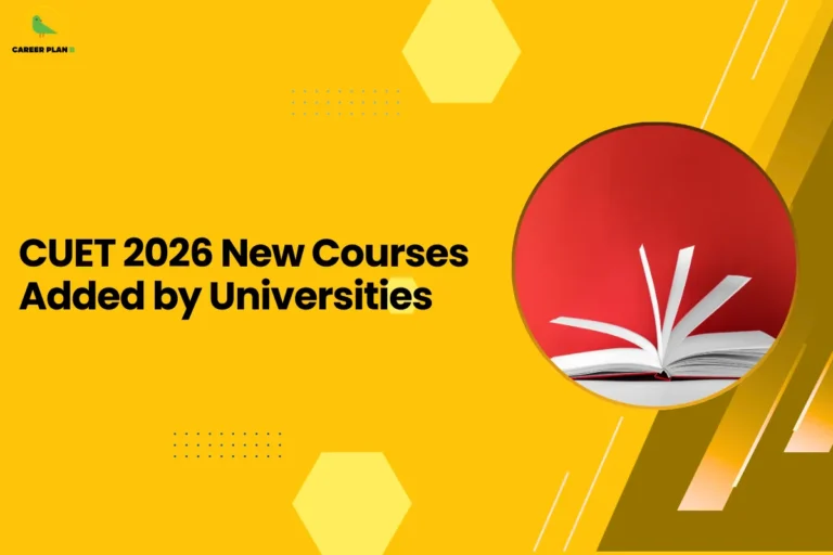 This image contains a bright yellow graphic background with geometric decorative elements and a headline related to CUET courses. In the top left corner there is a small logo consisting of a stylized green bird icon placed inside a faint yellow circular shape, and beside it the text “CAREER PLAN B” where “CAREER PLAN” is written in black and the letter “B” is highlighted in green. On the left-center of the image there is a bold black headline that reads “CUET 2026 New Courses Added by Universities,” arranged across multiple lines. The yellow background includes several design elements such as light yellow hexagon shapes positioned near the top center and bottom center, small blue dotted grid patterns located around the mid-left and lower-left areas, and thin white diagonal line accents along the right side. On the right half of the image there is a large circular frame with a thin yellow border containing a photograph of an open book with several white pages flipping upward, placed against a solid red background. Along the far right edge there are layered diagonal shapes in darker yellow and brown tones that create a dynamic angled pattern overlapping the background and partially intersecting the circular image, adding depth and visual contrast to the overall design.