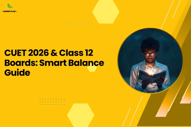 This image contains a bright yellow graphic background with geometric decorative elements and a headline related to exam preparation. In the top left corner there is a small logo featuring a stylized green bird inside a faint yellow circular shape with the text “CAREER PLAN B” beside it, where “CAREER PLAN” is written in black and the letter “B” appears in green. On the left-center side of the image there is bold black headline text that reads “CUET 2026 & Class 12 Boards: Smart Balance Guide.” The yellow background includes several design elements such as light yellow hexagon shapes positioned near the top center and bottom areas, small blue dotted grid patterns around the middle-left section, and thin white diagonal line accents along the right side. On the right half of the image there is a large circular frame with a thin yellow border containing a photograph of a young man with curly hair and glasses reading a book in a dimly lit environment, where glowing light and spark-like streaks appear to emerge from the open pages of the book, illuminating his face and hands. Along the far right edge there are layered diagonal shapes in darker yellow and brown tones that create a dynamic angled pattern overlapping the background and adding depth and visual contrast to the overall design.