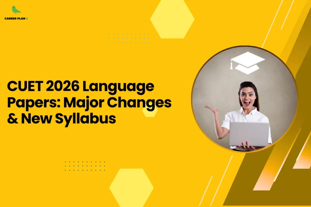 This image contains a bright yellow graphic background with geometric decorative elements and a headline related to CUET language papers. In the top left corner there is a small logo featuring a stylized green bird inside a faint yellow circular shape with the text “CAREER PLAN B” beside it, where “CAREER PLAN” is written in black and the letter “B” appears in green. On the left-center side of the image there is bold black headline text that reads “CUET 2026 Language Papers: Major Changes & New Syllabus.” The yellow background includes several design elements such as light yellow hexagon shapes positioned near the top center and bottom areas, small blue dotted grid patterns around the middle-left section, and thin white diagonal line accents along the right side. On the right half of the image there is a large circular frame with a thin yellow border containing a photograph of a smiling woman holding a laptop while gesturing with one hand raised, with a white graduation cap icon floating above her head against a plain light background. Along the far right edge there are layered diagonal shapes in darker yellow and brown tones that create a dynamic angled pattern overlapping the background and adding depth and visual contrast to the overall design.