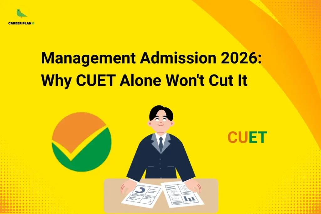 Bright yellow background with orange gradient curves and dotted accents on the right. Top left features the “CAREER PLAN B” logo (green bird inside a yellow circle with black text and a green “B”). Centered bold black heading reads “Management Admission 2026: Why CUET Alone Won’t Cut It.” Below it, a suited person sits at a desk with papers showing charts and graphs, representing management studies. On the left is the CUET logo (orange and green circular checkmark design), and on the right the word “CUET” appears in a matching orange-green gradient style.