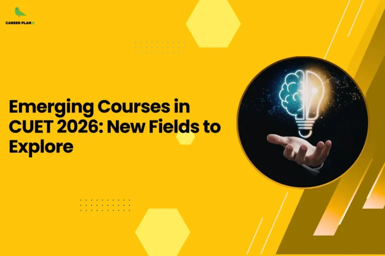 This image contains a bright yellow graphic background with geometric decorative elements and a headline related to emerging CUET courses. In the top left corner there is a small logo featuring a stylized green bird inside a faint yellow circular shape with the text “CAREER PLAN B” beside it, where “CAREER PLAN” is written in black and the letter “B” appears in green. On the left-center side of the image there is bold black headline text that reads “Emerging Courses in CUET 2026: New Fields to Explore.” The yellow background includes several design elements such as light yellow hexagon shapes positioned near the top center and bottom areas, small blue dotted grid patterns around the middle-left section, and thin white diagonal line accents along the right side. On the right half of the image there is a large circular frame with a thin yellow border containing a dark-themed photograph of a hand held upward with a glowing digital illustration above it that combines a brain and a light bulb shape, symbolizing ideas, innovation, and intelligence. Along the far right edge there are layered diagonal shapes in darker yellow and brown tones that create a dynamic angled pattern overlapping the background and adding depth and visual contrast to the overall design.