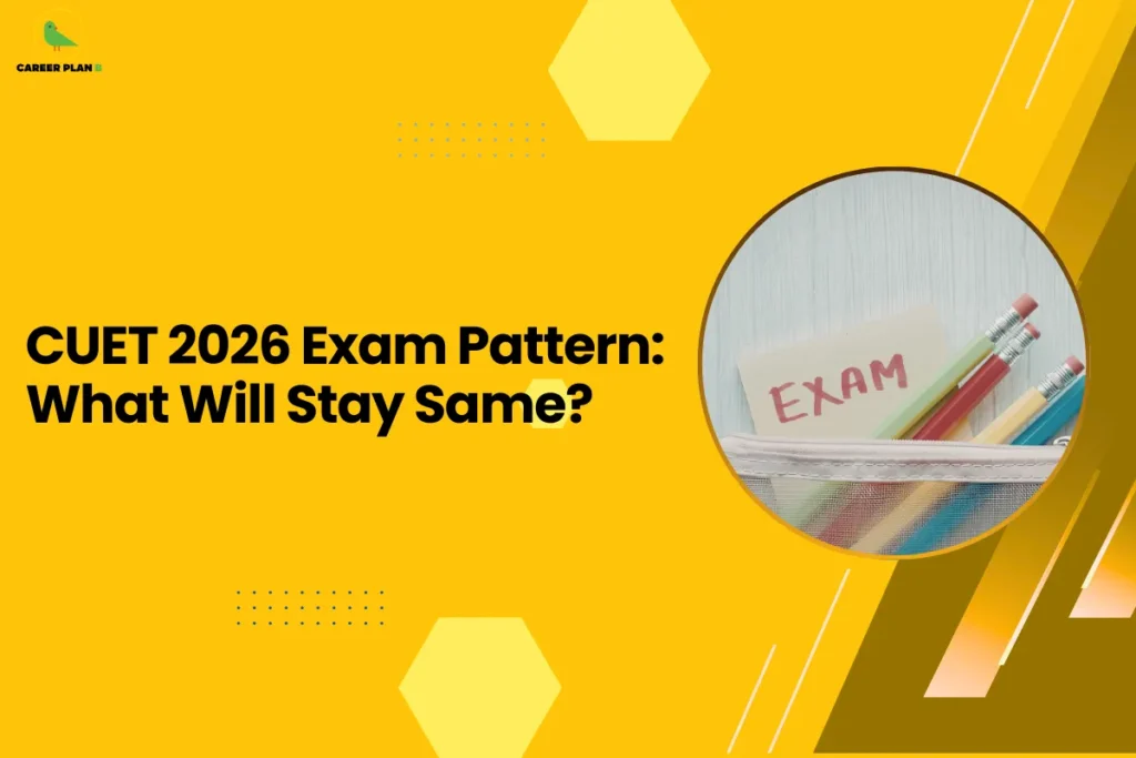 This image contains a bright yellow graphic background with geometric decorative elements and a headline related to the CUET exam pattern. In the top left corner there is a small logo featuring a stylized green bird inside a faint yellow circular shape with the text “CAREER PLAN B” beside it, where “CAREER PLAN” is written in black and the letter “B” appears in green. On the left-center side of the image there is bold black headline text that reads “CUET 2026 Exam Pattern: What Will Stay Same?”. The yellow background includes several design elements such as light yellow hexagon shapes positioned near the top center and bottom areas, small blue dotted grid patterns around the middle-left section, and thin white diagonal line accents along the right side. On the right half of the image there is a large circular frame with a thin yellow border containing a photograph of a pencil pouch with colored pencils inside and a small note card that reads “EXAM” in red handwritten text placed behind the pencils. Along the far right edge there are layered diagonal shapes in darker yellow and brown tones that create a dynamic angled pattern overlapping the background and adding depth and visual contrast to the overall design.