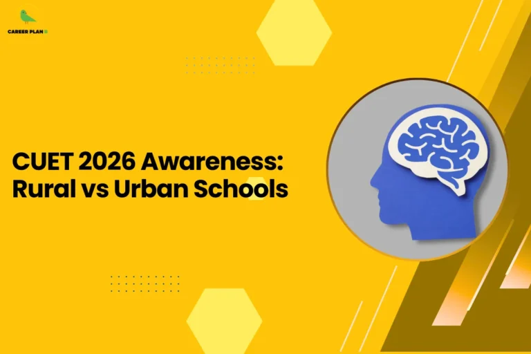 This image contains a bright yellow graphic background with geometric decorative elements and a headline related to CUET awareness. In the top left corner there is a small logo featuring a stylized green bird inside a faint yellow circular shape with the text “CAREER PLAN B” beside it, where “CAREER PLAN” is written in black and the letter “B” appears in green. On the left-center side of the image there is bold black headline text that reads “CUET 2026 Awareness: Rural vs Urban Schools.” The yellow background includes several design elements such as light yellow hexagon shapes positioned near the top center and bottom areas, small blue dotted grid patterns around the middle-left section, and thin white diagonal line accents along the right side. On the right half of the image there is a large circular frame with a thin yellow border containing a graphic illustration of a blue human head silhouette in profile with a stylized white brain inside it, symbolizing thinking or awareness. Along the far right edge there are layered diagonal shapes in darker yellow and brown tones that create a dynamic angled pattern overlapping the background and adding depth and visual contrast to the overall design.