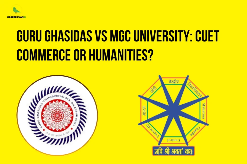 This image contains a bright yellow background with a clean, minimal design. In the top left corner, there is the “CAREER PLAN B” logo featuring a green bird inside a yellow circle with black text and a green “B.” Across the upper section, bold black text reads “GURU GHASIDAS VS MGC UNIVERSITY: CUET COMMERCE OR HUMANITIES?” Below the text, there are two university logos: Guru Ghasidas Vishwavidyalaya on the left with a circular emblem featuring a detailed geometric pattern, and Mahatma Gandhi Central University (MGC) on the right with a star-like emblem inside a multi-sided shape, representing a comparison between the two universities and course streams.