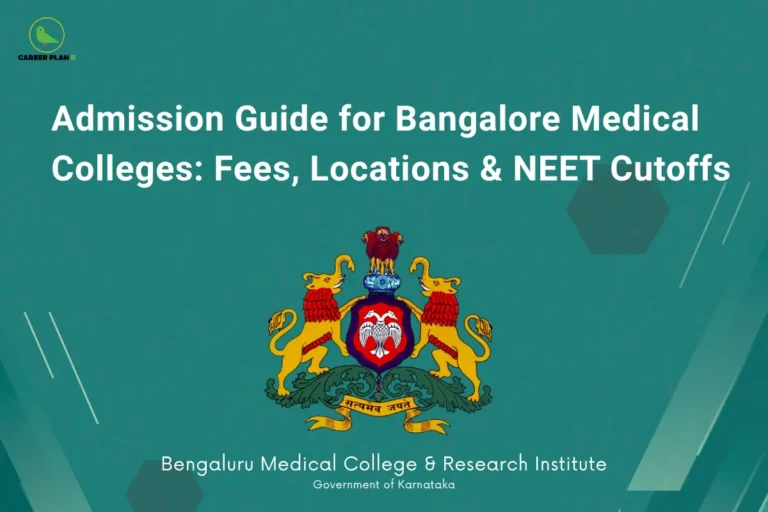 Banner titled “Admission Guide for Bangalore Medical Colleges: Fees, Locations & NEET Cutoffs” featuring the Karnataka state emblem and text referencing Bengaluru Medical College & Research Institute, representing admission details for medical colleges in Bangalore.