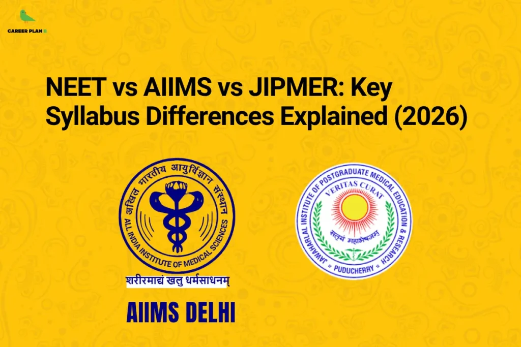 Banner titled “NEET vs AIIMS vs JIPMER: Key Syllabus Differences Explained (2026)” featuring logos of AIIMS Delhi and JIPMER, highlighting a comparison of exam syllabus and preparation differences for medical entrance exams.