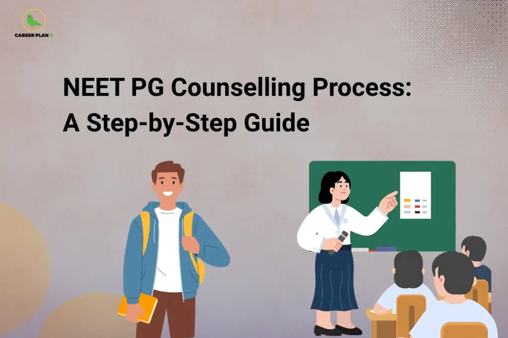 Illustration of students and instructor explaining NEET PG counselling process with step-by-step guidance on registration, choice filling, and seat allotment
