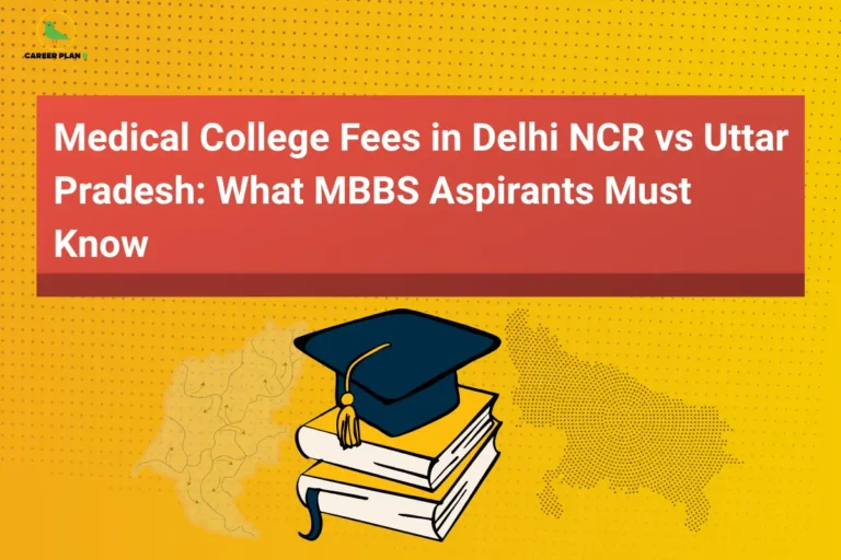 Illustration comparing MBBS fees Delhi NCR vs UP with graduation cap and books, highlighting differences in medical college costs for MBBS aspirants