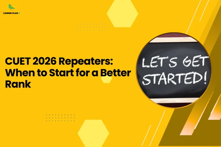 this image features a bright yellow background with the headline “CUET 2026 Repeaters: When to Start for a Better Rank” and the Career Plan B logo at the top left. On the right side, there’s a circular visual of a chalkboard with the text “LET’S GET STARTED!”, symbolizing a fresh beginning and renewed effort. The design represents repeat aspirants preparing again for CUET, emphasizing the importance of starting early, planning strategically, and improving performance for a better rank.