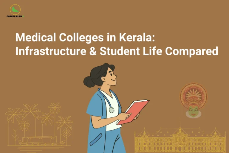 Illustration of a medical student with Kerala cultural elements highlighting medical colleges in Kerala, focusing on infrastructure, campus facilities, and student life comparison