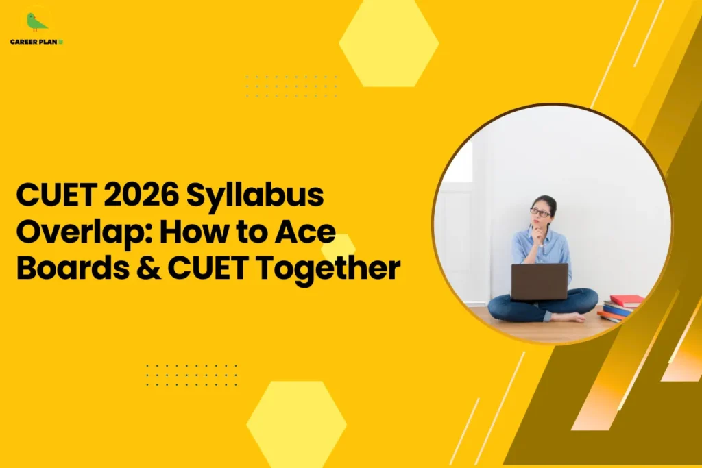 This image contains a bright yellow graphic background with geometric decorative elements and a headline related to CUET syllabus preparation. In the top left corner there is a small logo featuring a stylized green bird inside a faint yellow circular shape with the text “CAREER PLAN B” beside it, where “CAREER PLAN” is written in black and the letter “B” appears in green. On the left-center side of the image there is bold black headline text that reads “CUET 2026 Syllabus Overlap: How to Ace Boards & CUET Together.” The yellow background includes several design elements such as light yellow hexagon shapes positioned near the top center and bottom areas, small blue dotted grid patterns around the middle-left section, and thin white diagonal line accents along the right side. On the right half of the image there is a large circular frame with a thin yellow border containing a photograph of a girl sitting cross-legged on the floor with a laptop on her lap, looking thoughtful with one hand near her chin, and a stack of books placed beside her on the floor against a plain light background. Along the far right edge there are layered diagonal shapes in darker yellow and brown tones that create a dynamic angled pattern overlapping the background and adding depth and visual contrast to the overall design.