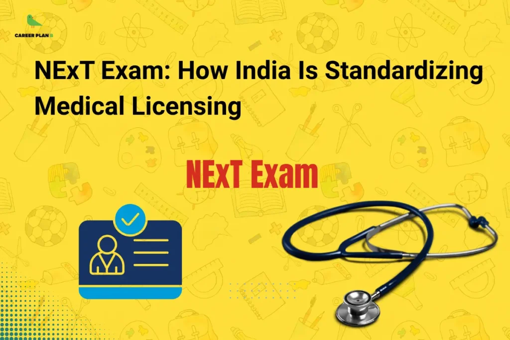 Illustration of stethoscope and medical ID card representing NExT exam India, highlighting standardized medical licensing process for MBBS graduates in India