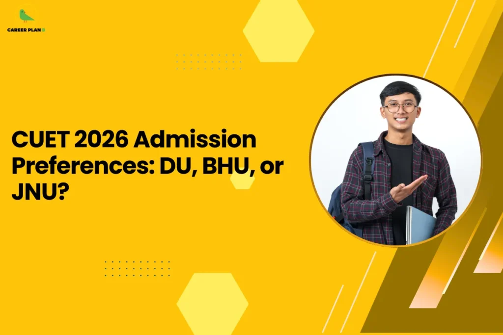 This image contains a bright yellow graphic background with geometric decorative elements and a headline related to CUET admission choices. In the top left corner there is a small logo featuring a stylized green bird inside a faint yellow circular shape with the text “CAREER PLAN B” beside it, where “CAREER PLAN” is written in black and the letter “B” appears in green. On the left-center side of the image there is bold black headline text that reads “CUET 2026 Admission Preferences: DU, BHU, or JNU?”. The yellow background includes several design elements such as light yellow hexagon shapes positioned near the top center and bottom areas, small blue dotted grid patterns around the middle-left section, and thin white diagonal line accents along the right side. On the right half of the image there is a large circular frame with a thin yellow border containing a photograph of a smiling young male student wearing glasses and a checkered shirt, carrying a backpack and holding books while gesturing with one hand as if presenting or explaining something. Along the far right edge there are layered diagonal shapes in darker yellow and brown tones that create a dynamic angled pattern overlapping the background and adding depth and visual contrast to the overall design.