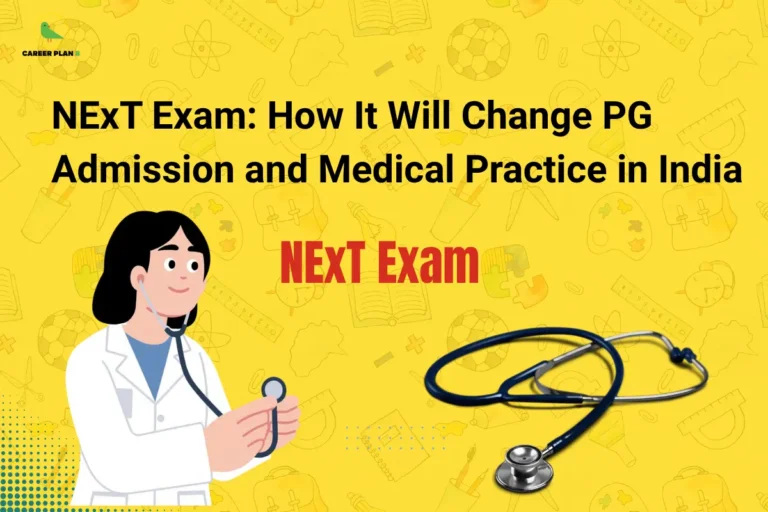 Illustration of doctor with stethoscope representing NExT exam impact India, highlighting changes in PG admission and medical practice for MBBS graduates