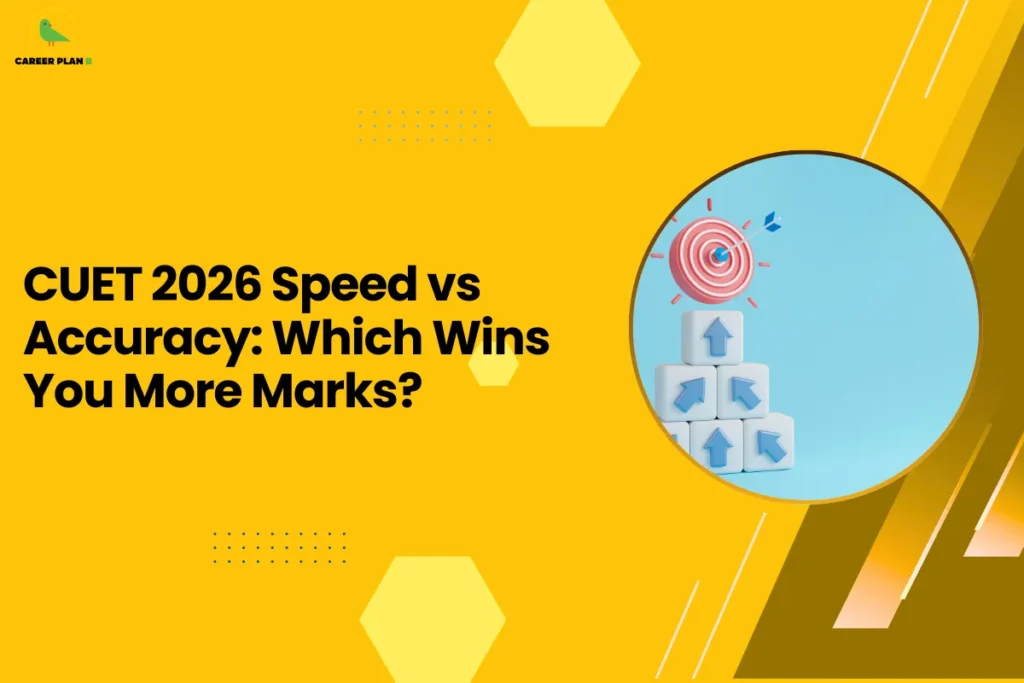 This image contains a bright yellow graphic background with geometric decorative elements and a headline related to CUET exam strategy. In the top left corner there is a small logo featuring a stylized green bird inside a faint yellow circular shape with the text “CAREER PLAN B” beside it, where “CAREER PLAN” is written in black and the letter “B” appears in green. On the left-center side of the image there is bold black headline text that reads “CUET 2026 Speed vs Accuracy: Which Wins You More Marks?”. The yellow background includes several design elements such as light yellow hexagon shapes positioned near the top center and bottom areas, small blue dotted grid patterns around the middle-left section, and thin white diagonal line accents along the right side. On the right half of the image there is a large circular frame with a thin yellow border containing a visual illustration of a red and white target with arrows hitting the center placed above stacked white cubes featuring blue upward arrows, symbolizing progress, precision, and achievement. Along the far right edge there are layered diagonal shapes in darker yellow and brown tones that create a dynamic angled pattern overlapping the background and adding depth and visual contrast to the overall design.