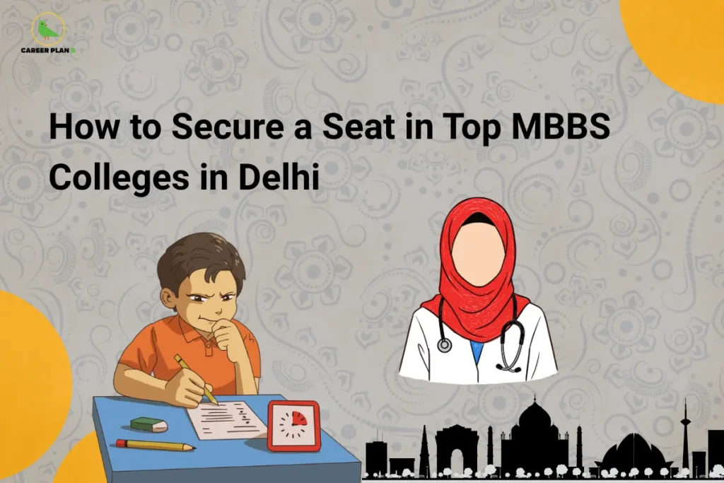 Student preparing for exam with doctor illustration representing how to get MBBS seat Delhi, highlighting NEET preparation, admission strategy, and top college goals