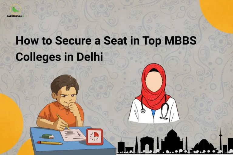 Student preparing for exam with doctor illustration representing how to get MBBS seat Delhi, highlighting NEET preparation, admission strategy, and top college goals
