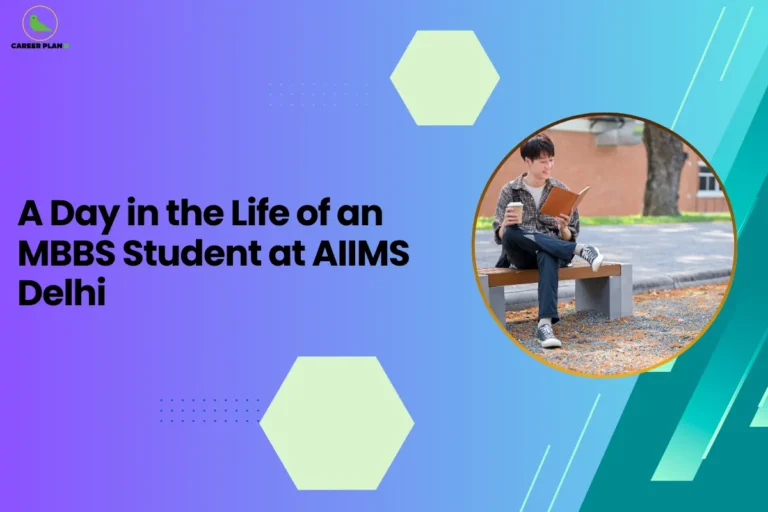 This image contains a purple-to-blue gradient background with light green hexagon shapes and small dotted design elements, the Career Plan B logo with a green bird icon inside a yellow circle and the text “CAREER PLAN B” in the top left corner, a large bold black headline on the left side reading “A Day in the Life of an MBBS Student at AIIMS Delhi”, and on the right side a circular image with a yellow border showing a student sitting on a bench outdoors reading a book and holding a takeaway coffee cup, with trees, a building, and fallen leaves visible around him, along with angled teal and green graphic shapes and thin white diagonal lines on the right side of the background.