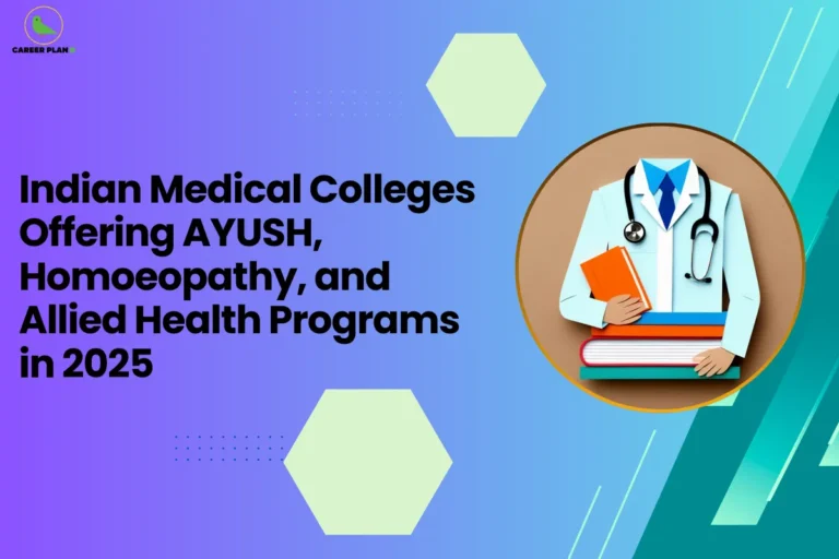 This image contains a purple-to-blue gradient background with light green hexagon shapes and small dotted design elements, the Career Plan B logo with a green bird icon inside a yellow circle and the text “CAREER PLAN B” in the top left corner, a large bold black headline on the left side reading “Indian Medical Colleges Offering AYUSH, Homoeopathy, and Allied Health Programs in 2025”, and on the right side a circular image with a yellow border showing a stylized illustration of a doctor wearing a white coat and stethoscope holding an orange book while resting on a stack of books, along with angled teal and green graphic shapes and thin white diagonal lines on the right side of the background.