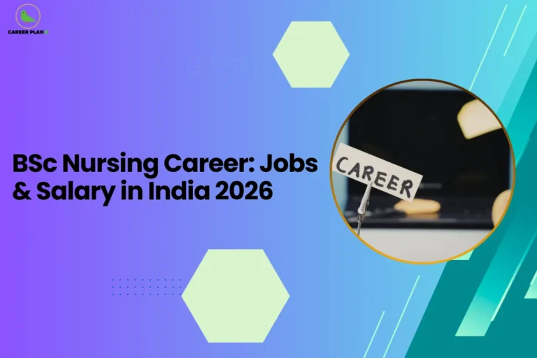 This image contains a purple-to-blue gradient background with light green hexagon shapes and small dotted design elements, the Career Plan B logo with a green bird icon inside a yellow circle and the text “CAREER PLAN B” in the top left corner, a large bold black headline on the left side reading “BSc Nursing Career: Jobs & Salary in India 2026”, and on the right side a circular image with a yellow border showing a small sign with the word “CAREER” attached to a clip stand placed on a desk with a blurred background, along with angled teal and green graphic shapes and thin white diagonal lines on the right side of the background.