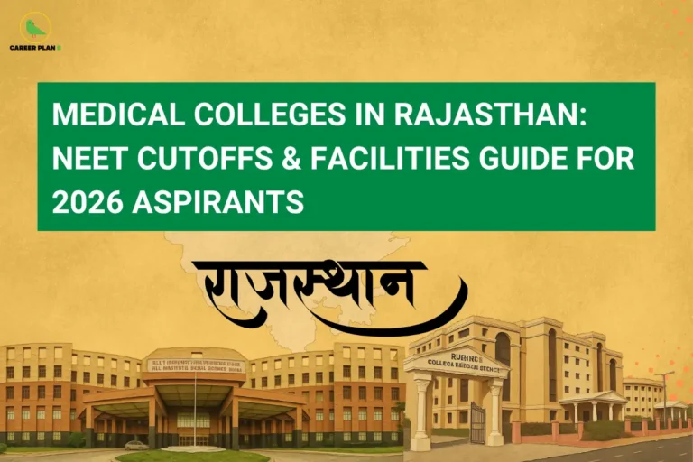Career Plan B infographic titled "Medical Colleges in Rajasthan: NEET Cutoffs & Facilities Guide for 2026 Aspirants" with photos of various medical college campuses in Rajasthan.