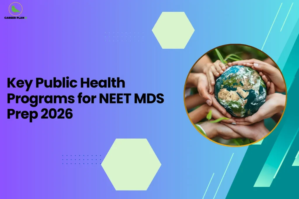 This image contains a purple-to-blue gradient background with light green hexagon shapes and small dotted design elements, the Career Plan B logo with a green bird icon inside a yellow circle and the text “CAREER PLAN B” in the top left corner, a large bold black headline on the left side reading “Key Public Health Programs for NEET MDS Prep 2026”, and on the right side a circular image with a yellow border showing multiple hands surrounding and holding a small globe of the Earth with visible continents and green leaves around it, along with angled teal and green graphic shapes and thin white diagonal lines on the right side of the background.