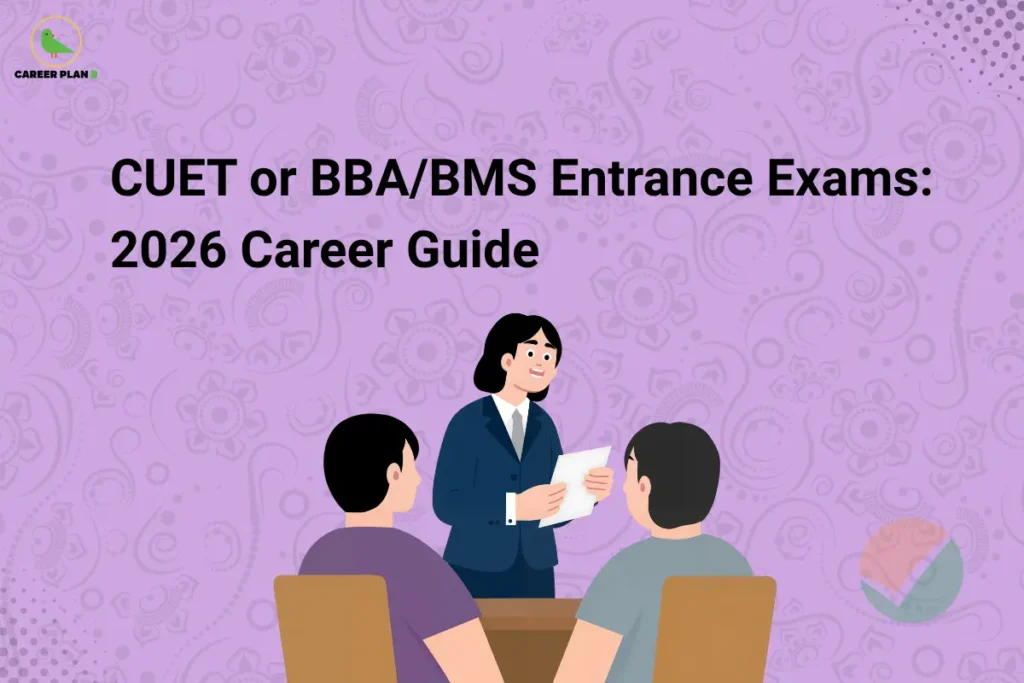 This image contains a light purple background with floral and paisley-style patterns along with dotted accents. In the top left corner, there is the “CAREER PLAN B” logo featuring a green bird inside a yellow circle with black text and a green “B.” Across the upper-middle section, bold black text reads “CUET or BBA/BMS Entrance Exams: 2026 Career Guide.” Below, there is an illustration of a professional woman holding papers and addressing two seated students, representing guidance and career counselling. In the bottom right corner, a faint circular checkmark-style icon in orange and green is visible, reinforcing the exam-related theme.