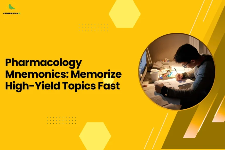 This image contains a bright yellow background with light yellow hexagon shapes and small dotted design elements, the Career Plan B logo with a green bird icon inside a yellow circle and the text “CAREER PLAN B” in the top left corner, a large bold black headline on the left side reading “Pharmacology Mnemonics: Memorize High-Yield Topics Fast”, and on the right side a circular image with a yellow border showing a student wearing glasses studying at a desk at night, writing on paper with books, stationery, and a cup on the table under a desk lamp, along with angled golden and brown graphic shapes and thin white diagonal lines on the right side of the background.