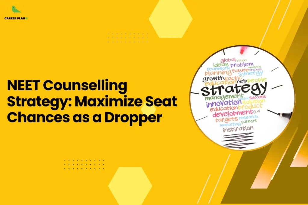 A bright yellow featured image for an educational guide titled "NEET Counselling Strategy: Maximize Seat Chances as a Dropper." The Career Plan B logo, consisting of a green bird icon inside a yellow circle, is placed in the top-left corner. The graphic features a circular inset showing a hand-drawn mind map on a white background with the word "strategy" at the center, surrounded by terms like "planning," "management," "innovation," and "growth." This visual provides essential guidance for students developing a neet counselling strategy to secure their medical seats.