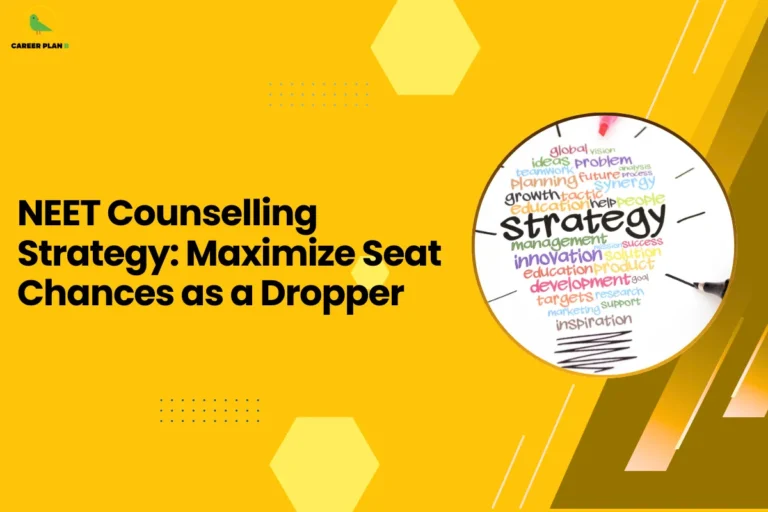 A bright yellow featured image for an educational guide titled "NEET Counselling Strategy: Maximize Seat Chances as a Dropper." The Career Plan B logo, consisting of a green bird icon inside a yellow circle, is placed in the top-left corner. The graphic features a circular inset showing a hand-drawn mind map on a white background with the word "strategy" at the center, surrounded by terms like "planning," "management," "innovation," and "growth." This visual provides essential guidance for students developing a neet counselling strategy to secure their medical seats.