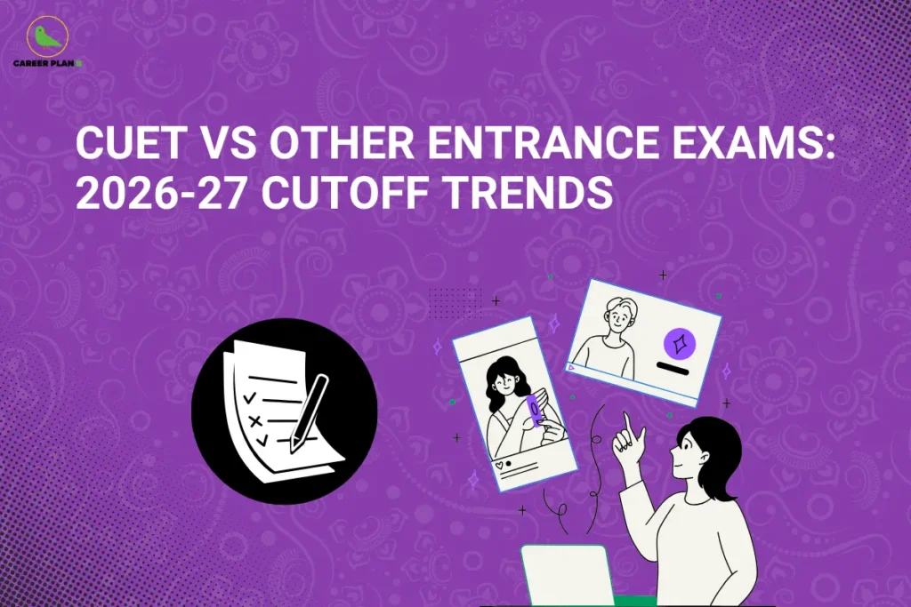 this image contains a purple educational banner with the Career Plan B logo at the top left and the text “CUET VS OTHER ENTRANCE EXAMS: 2026-27 CUTOFF TRENDS,” alongside icons of a checklist with a pen and illustrations of students on screens with a person interacting, representing exam comparison, cutoff analysis, and admission trends for CUET and other entrance exams.