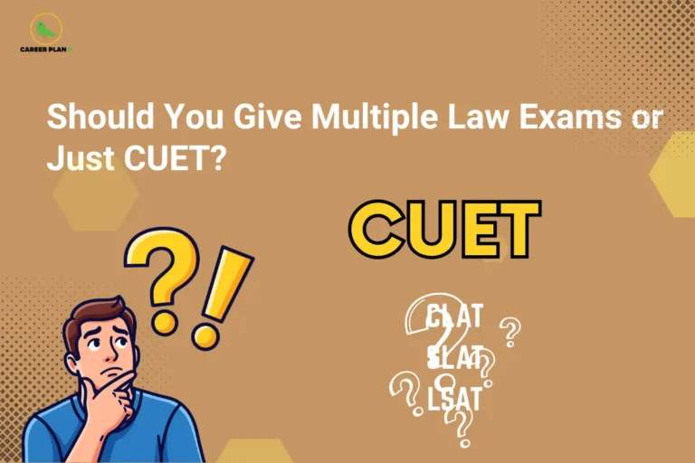 this image contains a brown educational banner with the Career Plan B logo at the top left and the text “Should You Give Multiple Law Exams or Just CUET?” alongside a confused student illustration with question and exclamation marks, the word “CUET” highlighted, and faint exam names like “CLAT” and “LSAT,” representing decision-making between law entrance exams and CUET.
