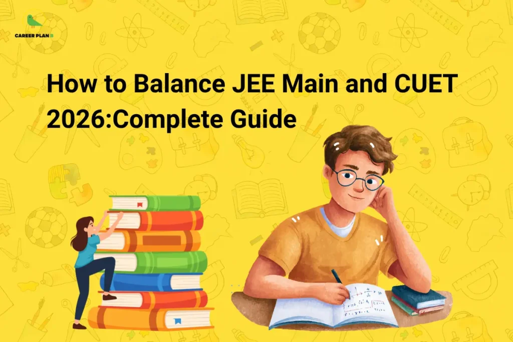 this image contains a yellow educational banner with the Career Plan B logo at the top left and the text “How to Balance JEE Main and CUET 2026: Complete Guide,” alongside illustrations of a student studying with books and another climbing a stack of books, representing exam preparation, time management, and balancing JEE and CUET studies.