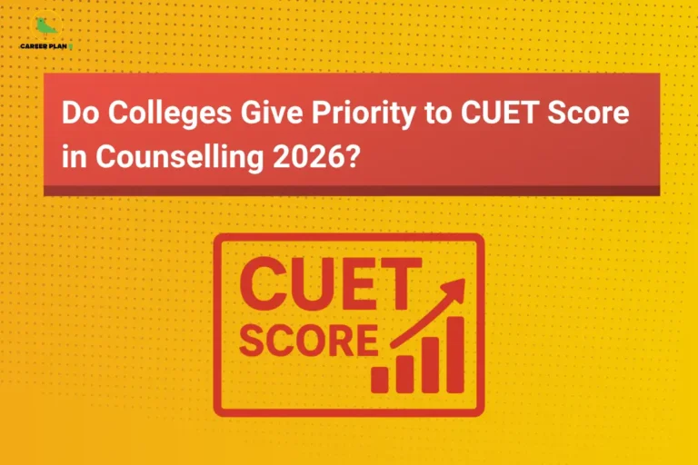 this image contains Career Plan B logo at top left and bold text “Do Colleges Give Priority to CUET Score in Counselling 2026?” on a red banner over yellow dotted background, with a central CUET SCORE graphic showing an upward bar chart and arrow representing exam performance and college admission counselling trends