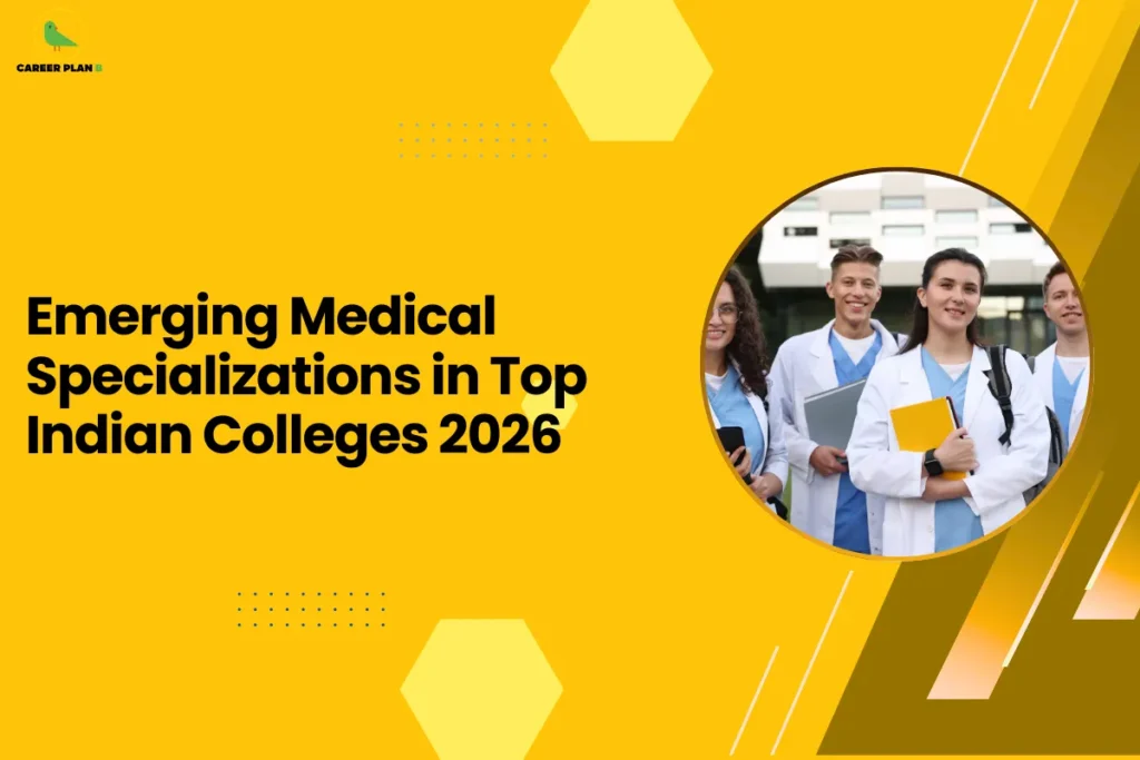 This image contains a bright yellow background with light yellow hexagon shapes and small dotted design elements, the Career Plan B logo with a green bird icon inside a yellow circle and the text “CAREER PLAN B” in the top left corner, a large bold black headline on the left side reading “Emerging Medical Specializations in Top Indian Colleges 2026”, and on the right side a circular image with a yellow border showing a group of medical students wearing white lab coats standing together outside a building while holding books and folders, along with angled golden and brown graphic shapes and thin white diagonal lines on the right side of the background.