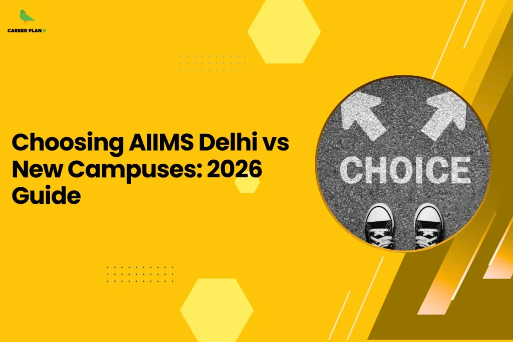 This image contains a bright yellow background with light yellow hexagon shapes and small dotted design elements, the Career Plan B logo with a green bird icon inside a yellow circle and the text “CAREER PLAN B” in the top left corner, a large bold black headline on the left side reading “Choosing AIIMS Delhi vs New Campuses: 2026 Guide”, and on the right side a circular image with a yellow border showing a grey road surface with the word “CHOICE” written in white and two white arrows pointing in different directions with a pair of shoes visible at the bottom, along with angled golden and brown graphic shapes and thin white diagonal lines on the right side of the background.