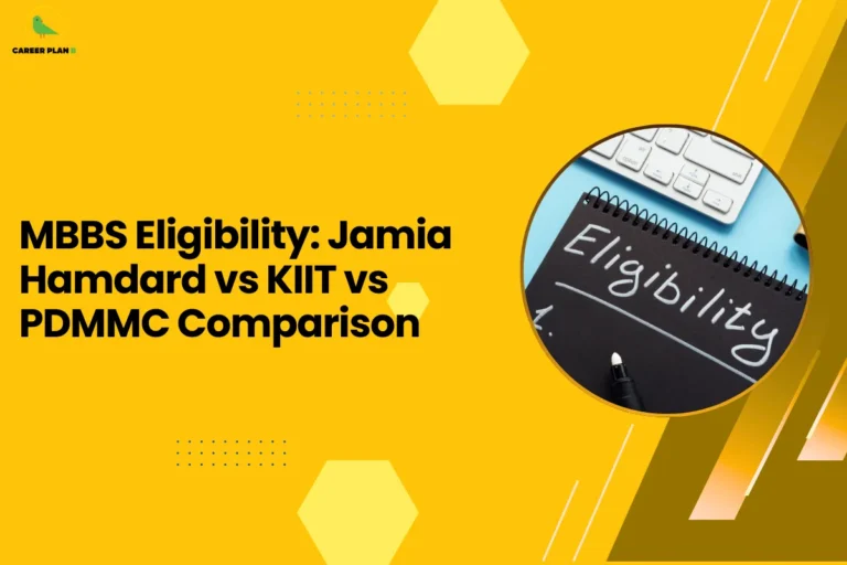 This image contains a bright yellow background with light yellow hexagon shapes and small dotted design elements, the Career Plan B logo with a green bird icon inside a yellow circle and the text “CAREER PLAN B” in the top left corner, a large bold black headline on the left side reading “MBBS Eligibility: Jamia Hamdard vs KIIT vs PDMMC Comparison”, and on the right side a circular image with a yellow border showing a black notebook with the word “Eligibility” written in white chalk along with a keyboard and a pen placed nearby, along with angled golden and brown graphic shapes and thin white diagonal lines on the right side of the background.