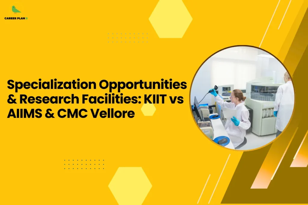This image contains a bright yellow background with light yellow hexagon shapes and small dotted design elements, the Career Plan B logo with a green bird icon inside a yellow circle and the text “CAREER PLAN B” in the top left corner, a large bold black headline on the left side reading “Specialization Opportunities & Research Facilities: KIIT vs AIIMS & CMC Vellore”, and on the right side a circular image with a yellow border showing a laboratory scene where a researcher wearing a white lab coat and blue gloves is working with lab equipment and holding a pipette near laboratory machines, along with angled golden and brown graphic shapes and thin white diagonal lines on the right side of the background.