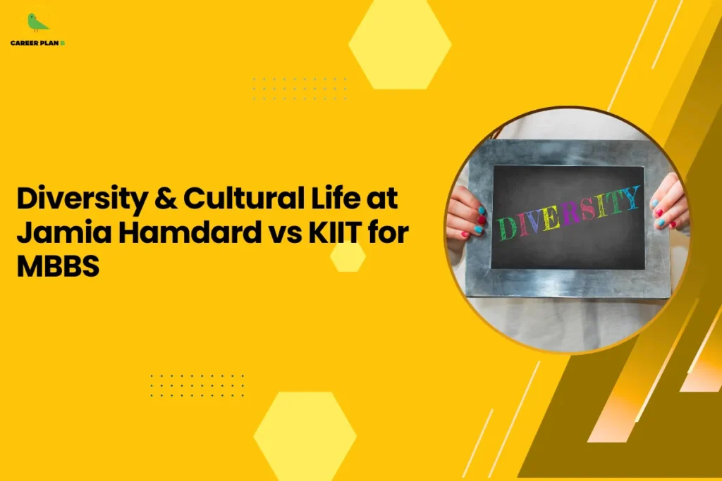 This image contains a bright yellow background with light yellow hexagon shapes and small dotted design elements, the Career Plan B logo with a green bird icon inside a yellow circle and the text “CAREER PLAN B” in the top left corner, a large bold black headline on the left side reading “Diversity & Cultural Life at Jamia Hamdard vs KIIT for MBBS”, and on the right side a circular image with a yellow border showing hands holding a framed board with the word “DIVERSITY” written in colorful letters on a dark background, along with angled golden and brown graphic shapes and thin white diagonal lines on the right side of the background.