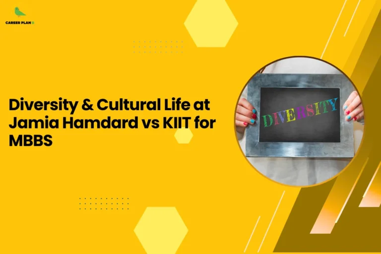 This image contains a bright yellow background with light yellow hexagon shapes and small dotted design elements, the Career Plan B logo with a green bird icon inside a yellow circle and the text “CAREER PLAN B” in the top left corner, a large bold black headline on the left side reading “Diversity & Cultural Life at Jamia Hamdard vs KIIT for MBBS”, and on the right side a circular image with a yellow border showing hands holding a framed board with the word “DIVERSITY” written in colorful letters on a dark background, along with angled golden and brown graphic shapes and thin white diagonal lines on the right side of the background.